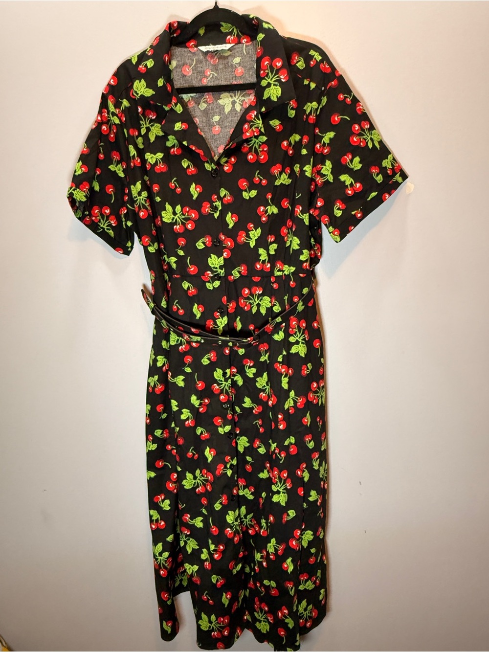 Black Button Down Belted Shirt Dress With Cherry Print